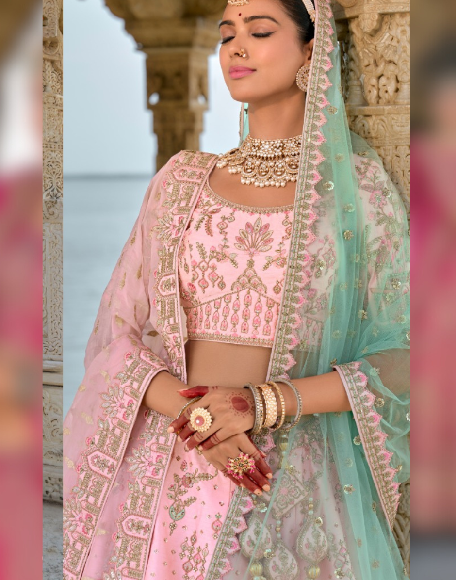 Blush Bride Heavy Pink Silk Lehenga with Stunning Khatli Embroidery - Buy