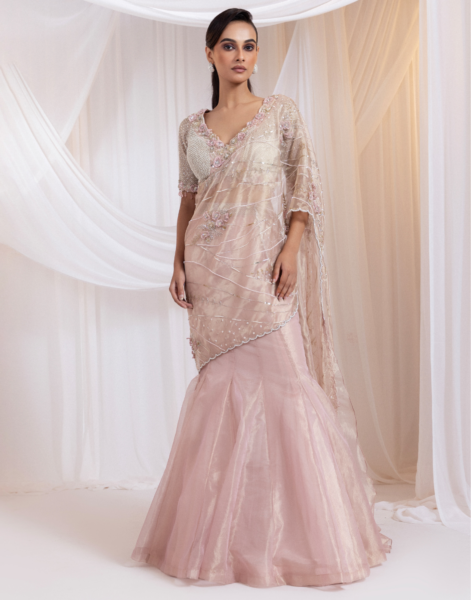 Blush Champagne Pink Pearl & Floral Drape Lehenga Set with Pre-Stitched Dupatta Elegant Engagement & Bridesmaid Outfit