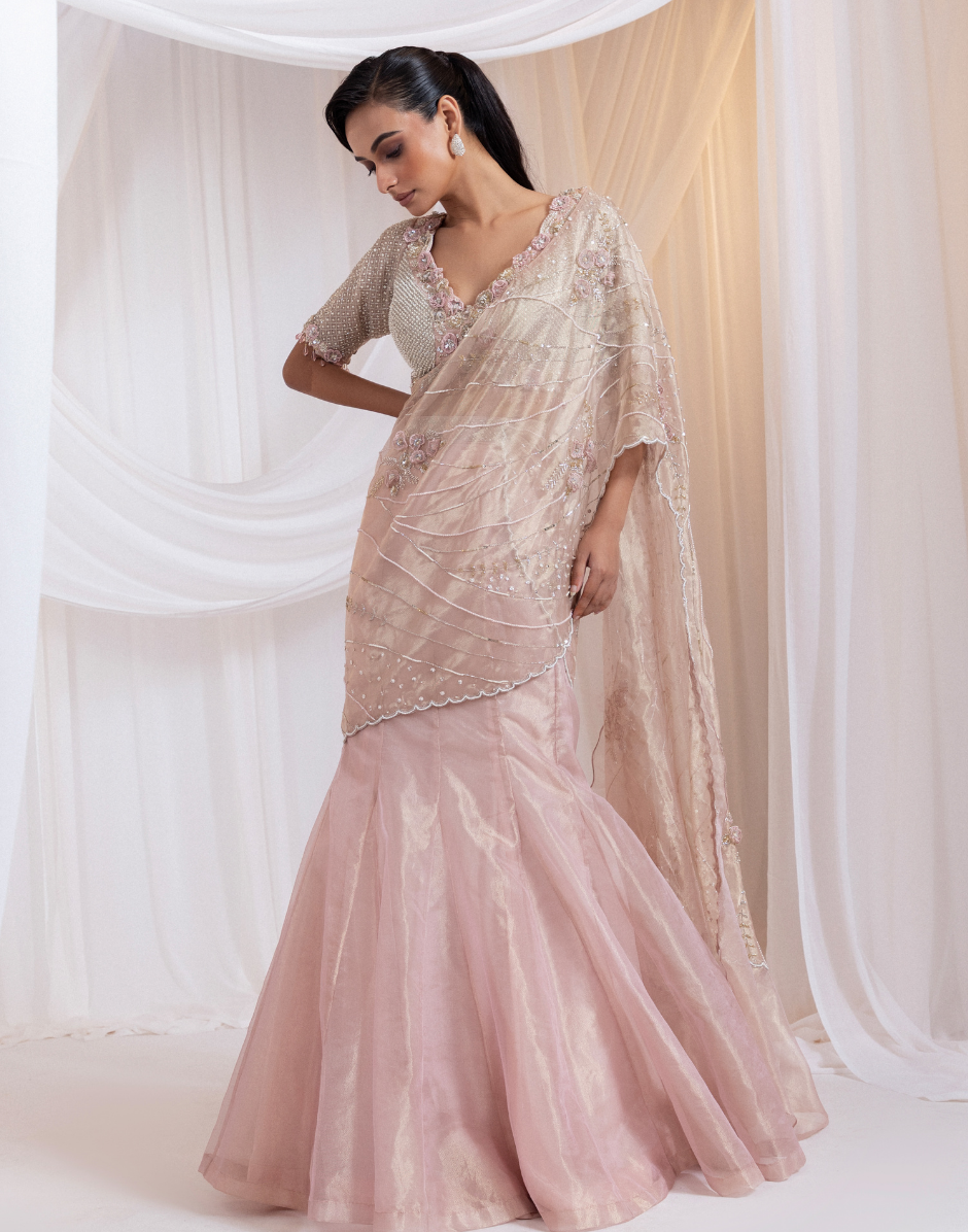 Blush Champagne Pink Pearl & Floral Drape Lehenga Set with Pre-Stitched Dupatta Elegant Engagement & Bridesmaid Outfit