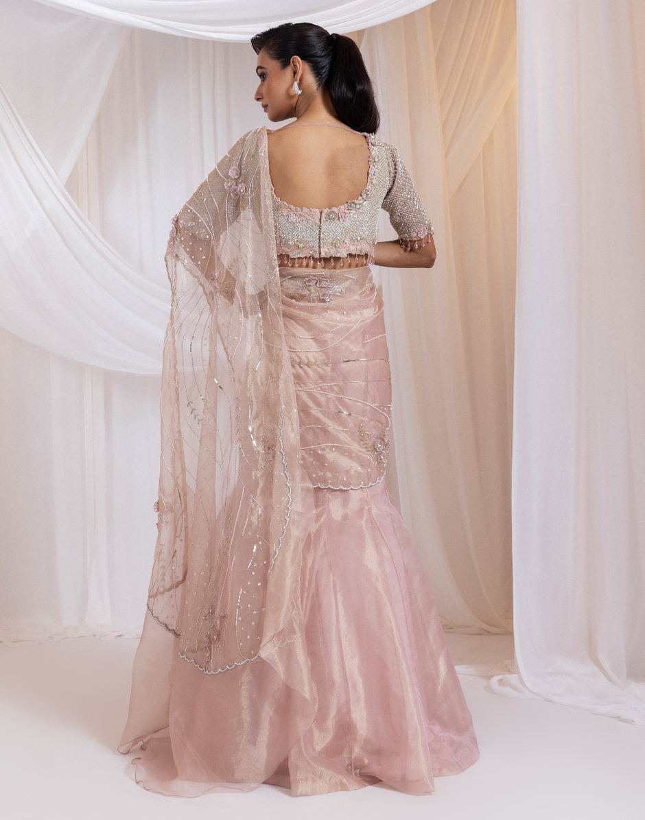 Blush Champagne Pink Pearl & Floral Drape Lehenga Set with Pre-Stitched Dupatta Elegant Engagement & Bridesmaid Outfit_2