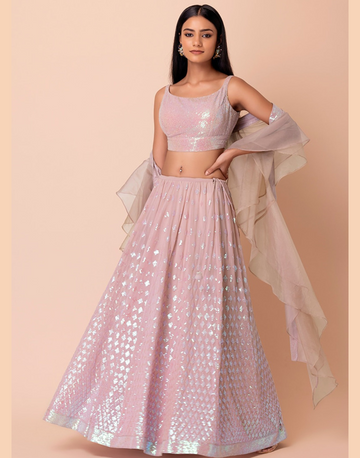 Blush Elegance Pink Georgette Lehenga with Organza Dupatta Sequins & Thread Embroidery Ensemble