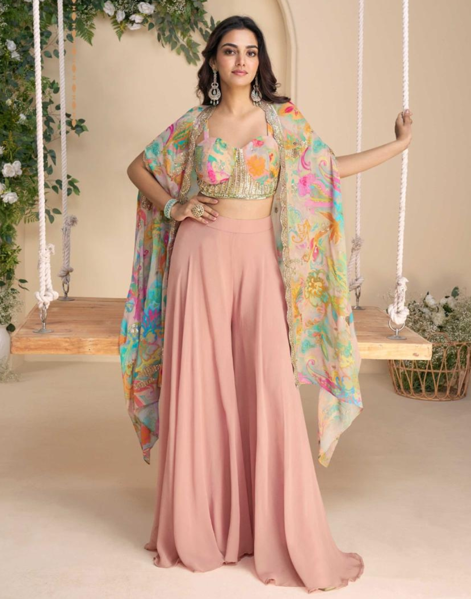 Blush Pink Chinon Silk Co-Ord Set Embroidered Shrug, Hand-Embellished Blouse & Palazzo