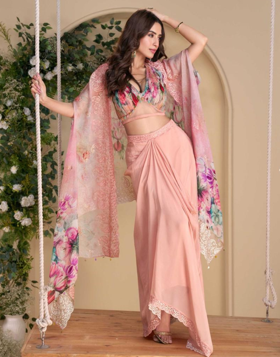 Blush Pink Embroidered Chinon Silk Shrug Set Hand Embellished Blouse & Palazzo