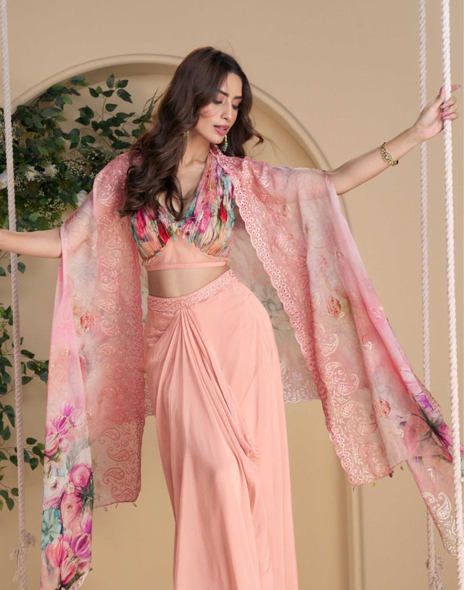 Blush Pink Embroidered Chinon Silk Shrug Set Hand Embellished Blouse & Palazzo_1