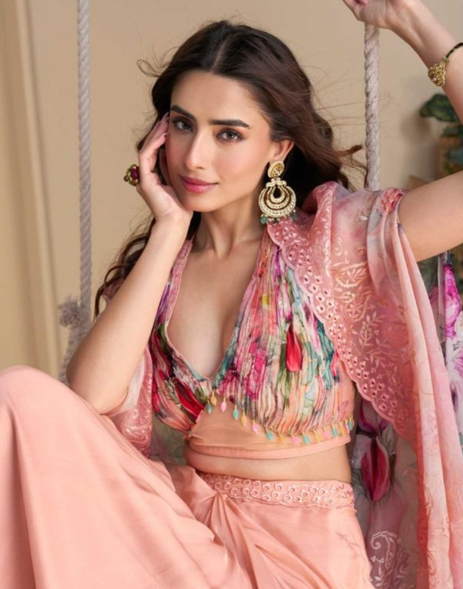 Blush Pink Embroidered Chinon Silk Shrug Set Hand Embellished Blouse & Palazzo_2