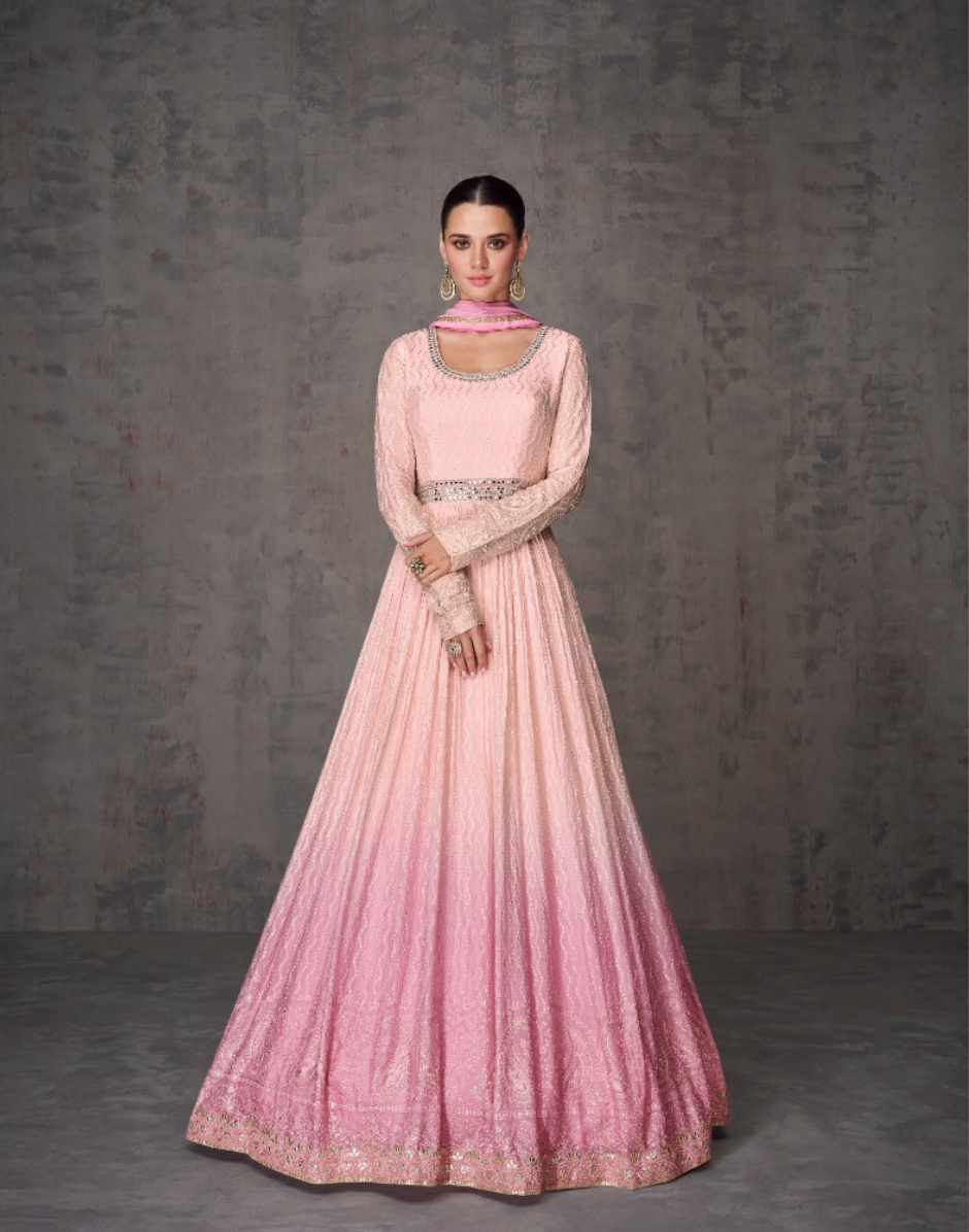 Blush Pink Embroidered Georgette Gown with Dupatta Elegant & Stylish for Special Occasions