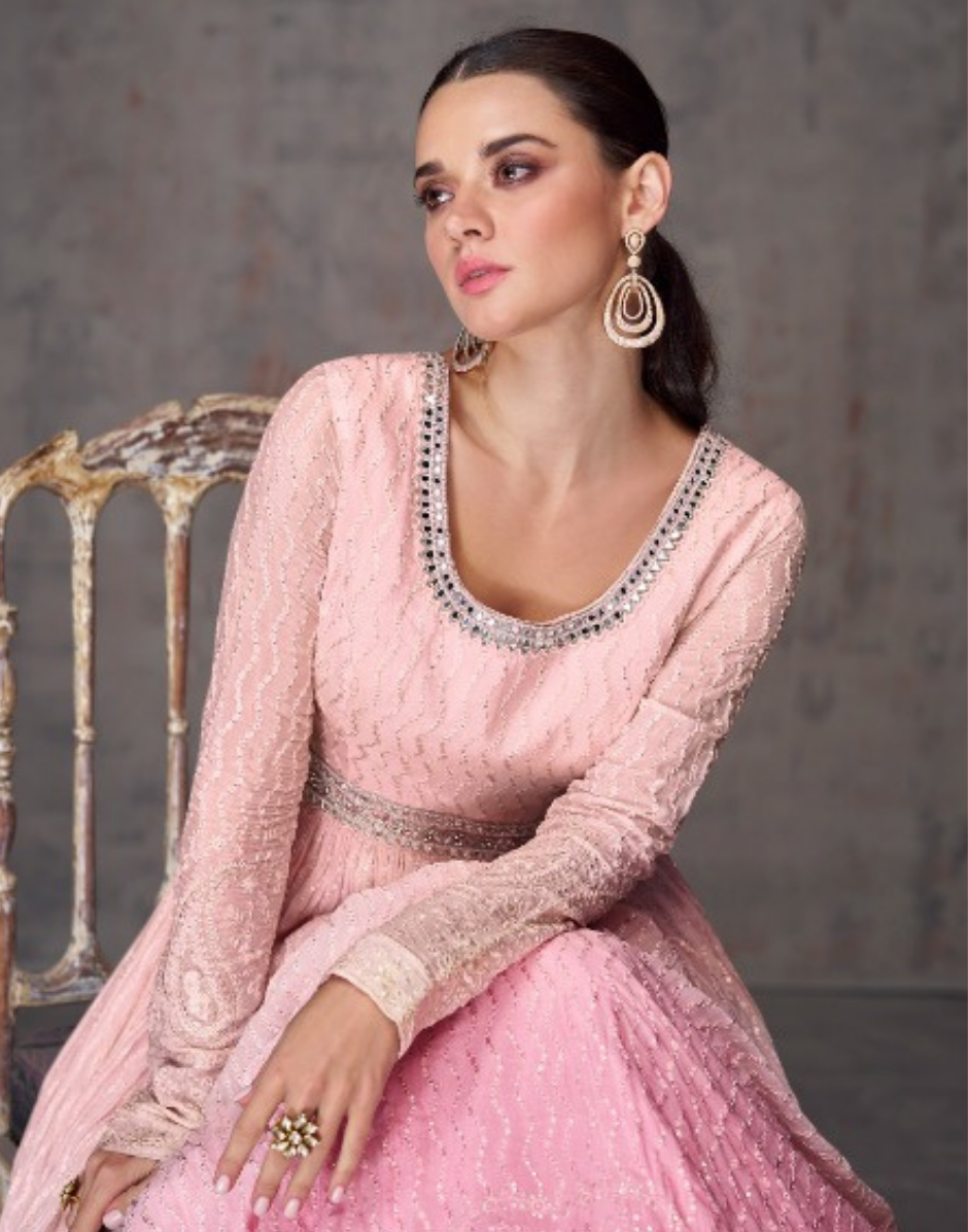Blush Pink Embroidered Georgette Gown with Dupatta Elegant & Stylish for Special Occasions