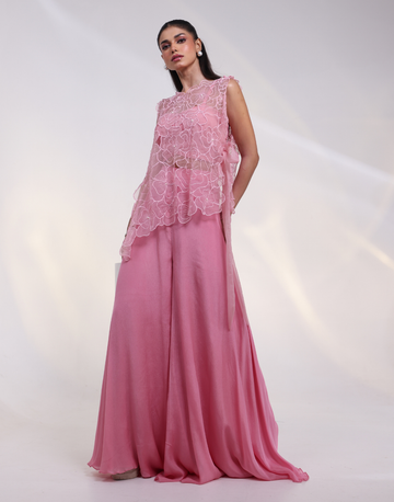 Blush Pink Three-Piece Ensemble with Bustier 3D Floral Organza Cape & Wide Leg Trousers