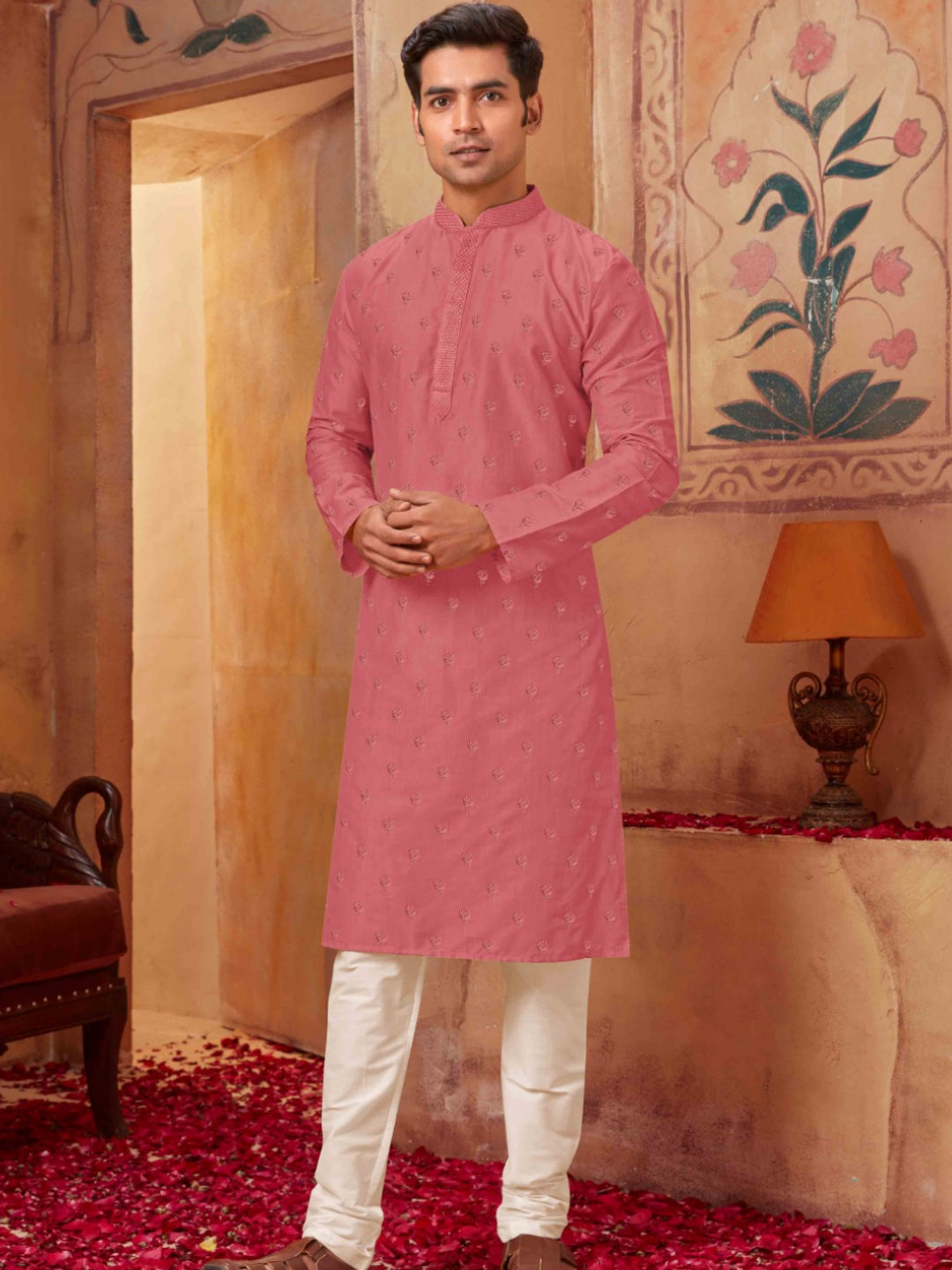 Blushing Blooms Rose Kurta with White Pajama Ensemble - Rent