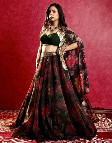 Bohemian Bliss Floral Printed Mehendi Green Organza Lehenga with Tasseled Bustier and Hand-Embroidered Cape