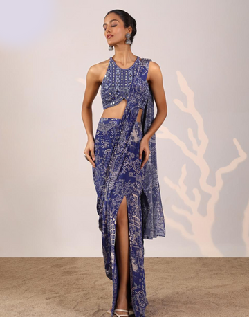 Bohemian Glam Blue Printed Mirror Work Pre-Draped Saree Set Modern Indian Look
