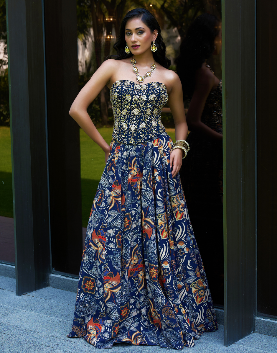 Boho-Chic Blue Corset in Georgette with Floral Skirt Hand Embellished Party & Occasion Wear Blue / M / 5 Days
