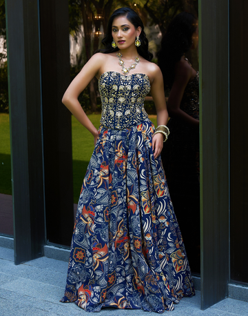 Boho-Chic Blue Corset in Georgette with Floral Skirt Hand Embellished Party & Occasion Wear
