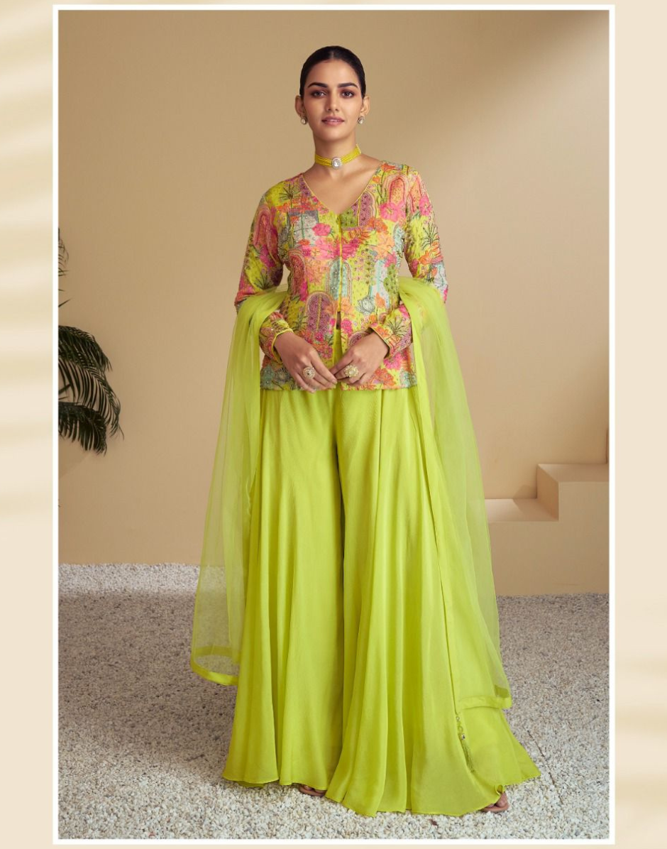 Boho-Inspired Green Abstract Print Chinon Sharara Set Modern Ethnic Fusion Wear
