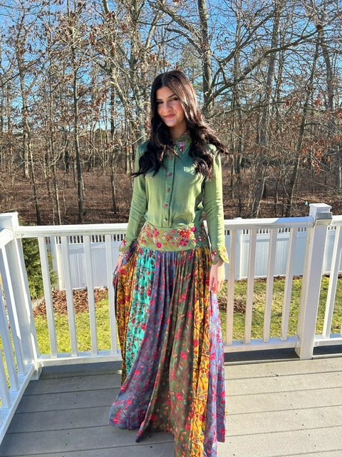 Boho Bloom Green Top Paired with Flared Floral Skirt