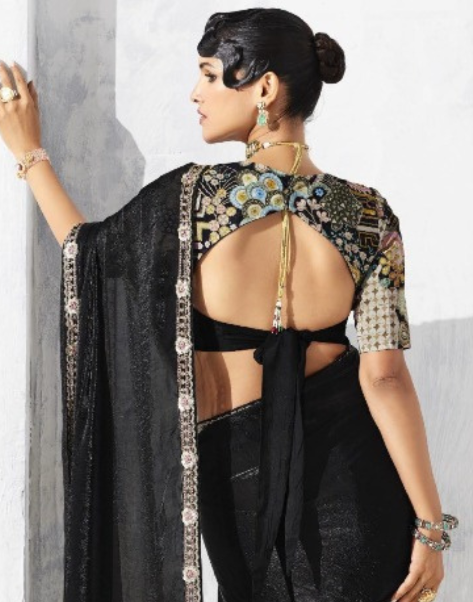 Bold & Beautiful Black Embroidered Saree with Statement Printed Blouse - Buy_2