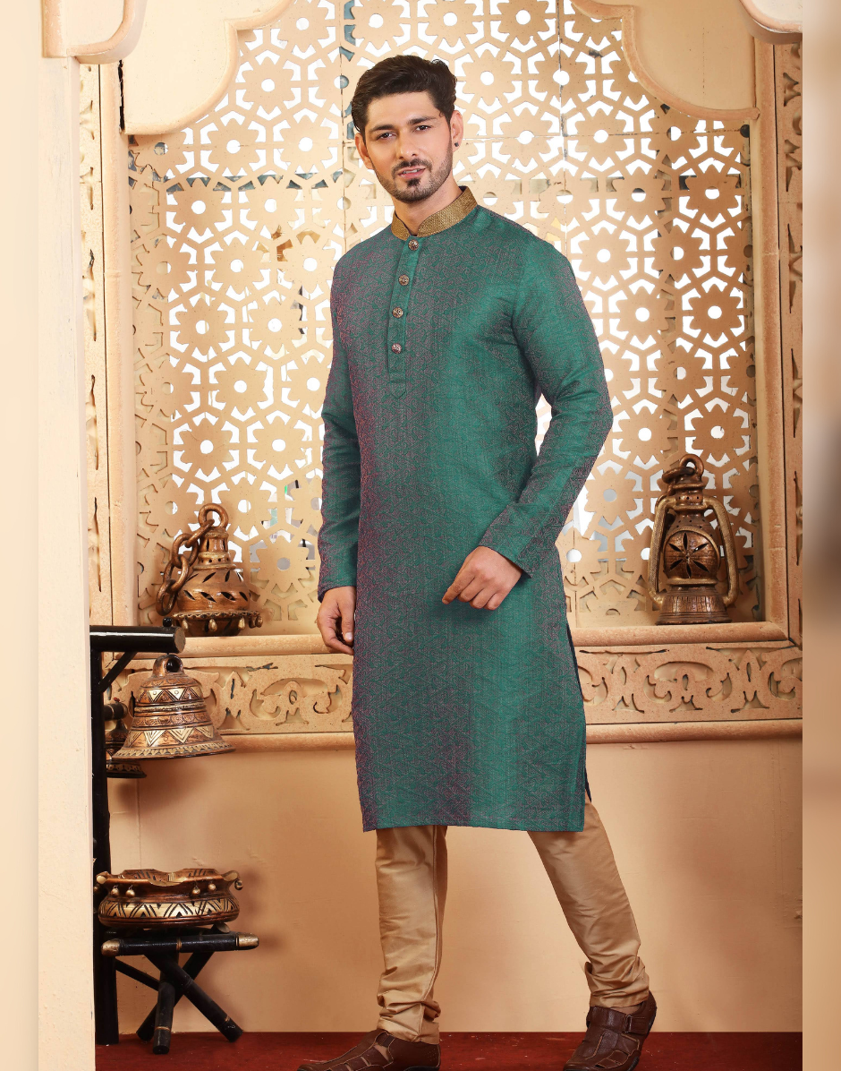 Bold Beautiful Green Kurta Pajama for Men Festive Ready