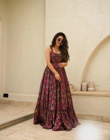 Bold & Beautiful Multicolour Rayon Fully Flared Gown with Digital Print Patterns
