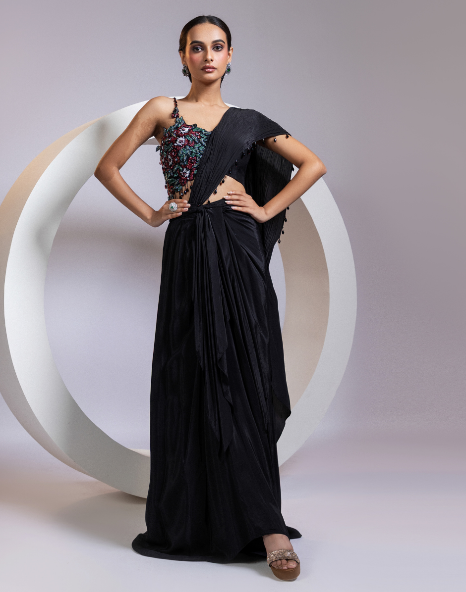 Bold Blossom Black Drape Saree Featuring Floral Cutdana Bodice in Jewel Tones
