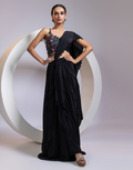 Bold Blossom Black Drape Saree Featuring Floral Cutdana Bodice in Jewel Tones