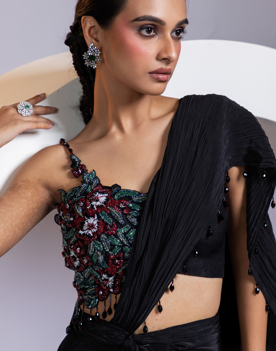 Bold Blossom Black Drape Saree Featuring Floral Cutdana Bodice in Jewel Tones_1