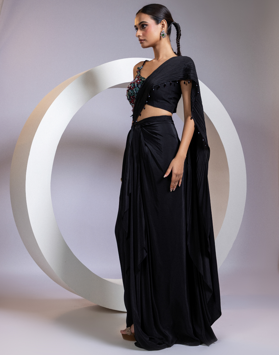 Bold Blossom Black Drape Saree Featuring Floral Cutdana Bodice in Jewel Tones_2