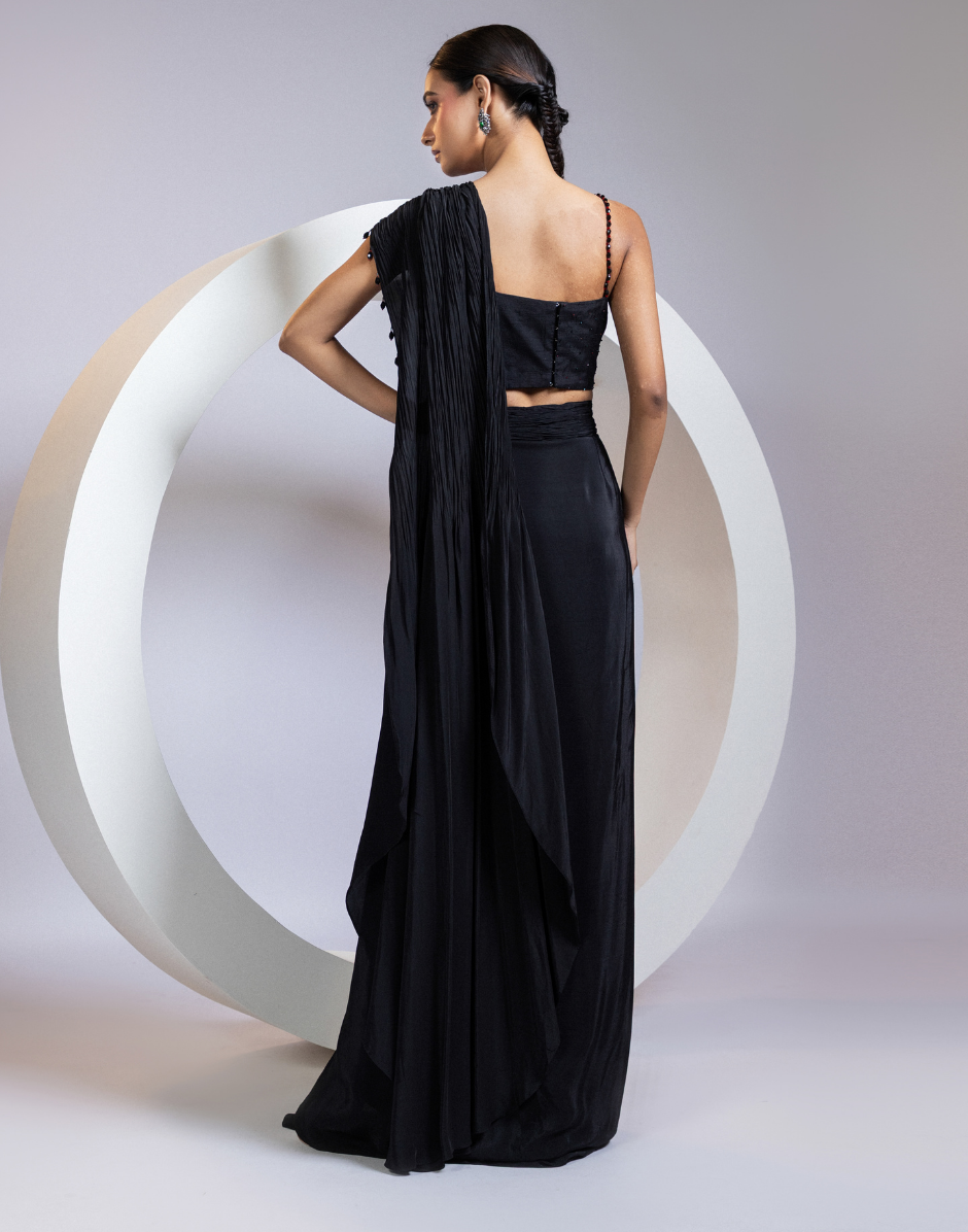 Bold Blossom Black Drape Saree Featuring Floral Cutdana Bodice in Jewel Tones_3