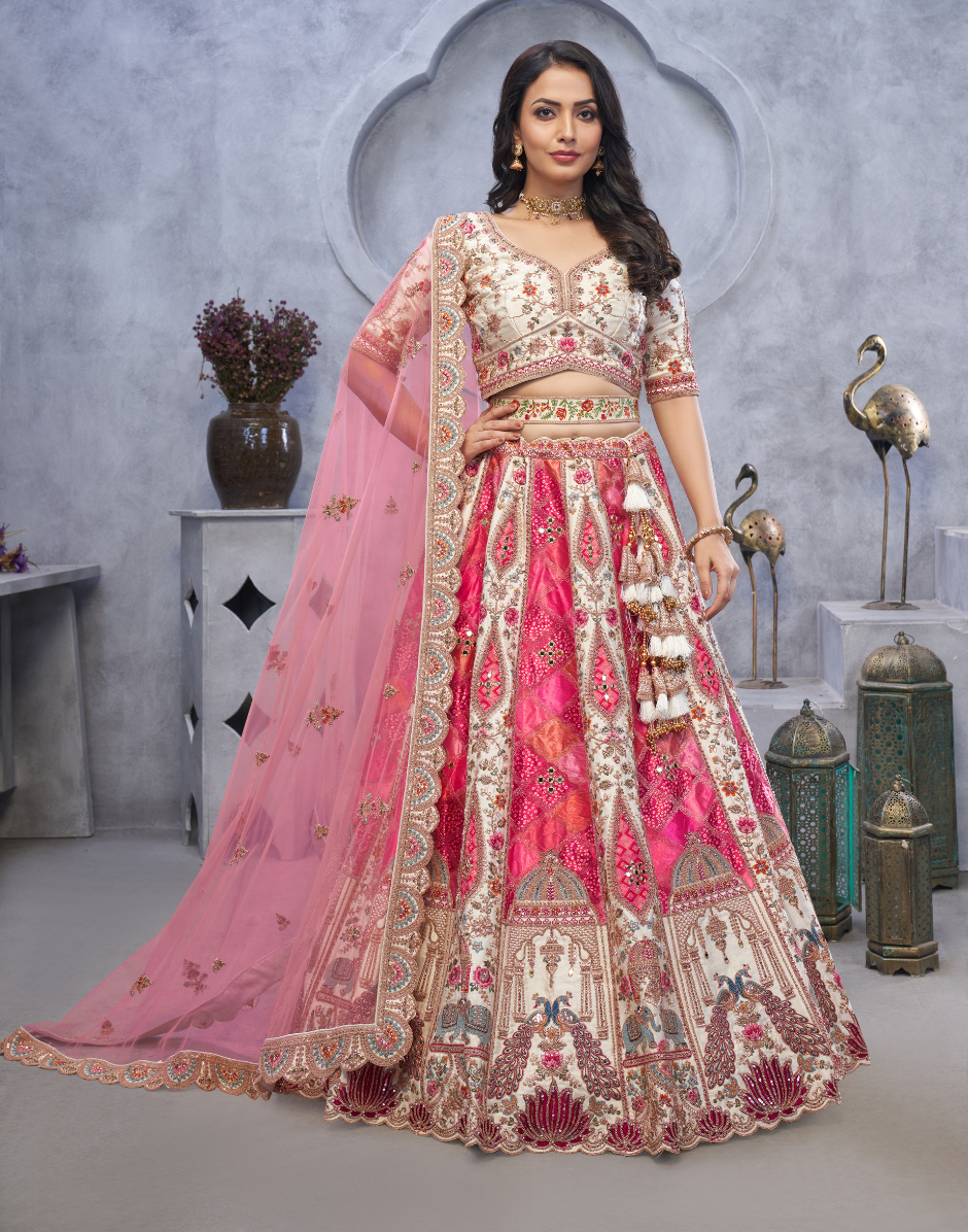 Bridal Lehenga with Temple Motifs, Peacock Designs & Bandhej Jacquard Patches