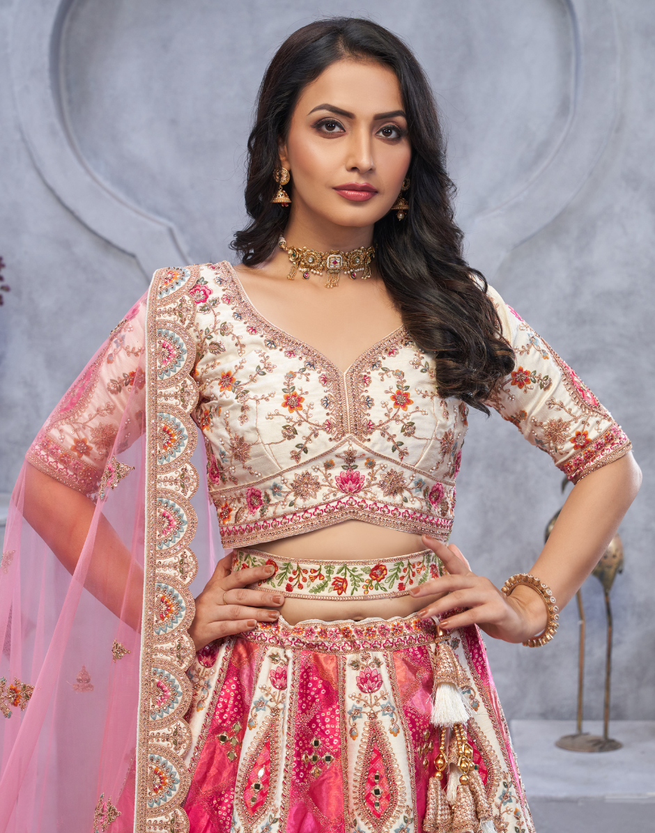 Bridal Lehenga with Temple Motifs, Peacock Designs & Bandhej Jacquard Patches