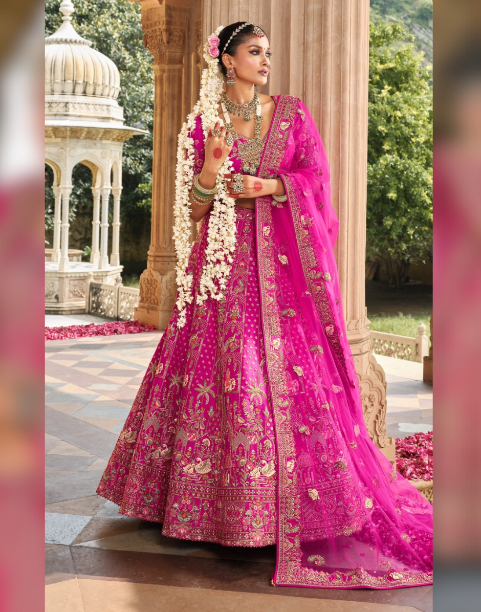 Bridal Royalty Pink Heavy Silk Lehenga with Classic Khatli Embellishments - Buy