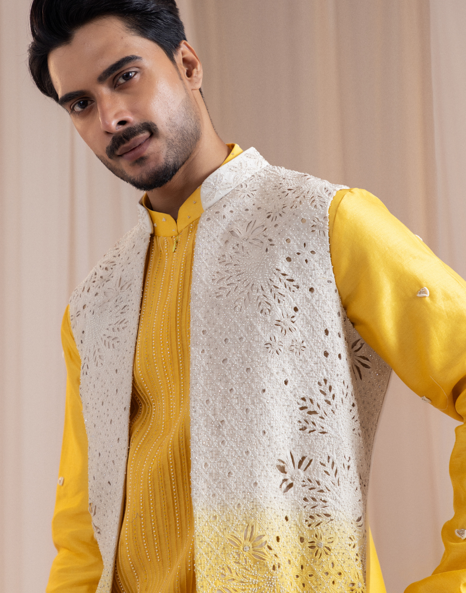 Brighten Your Style with the Yellow Sunstrike Kurta Pyjama & Nehru Jacket Set Elegant Ethnic Wear for Men_3