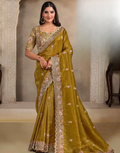 Brown Embellished Crush Paper Silk Saree with Handcrafted Sequins, Pearls & Threadwork Satin Blouse - Buy