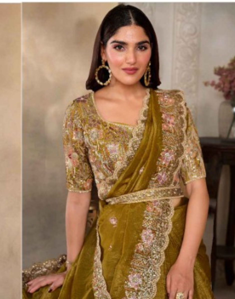 Brown Embellished Crush Paper Silk Saree with Handcrafted Sequins, Pearls & Threadwork Satin Blouse - Buy