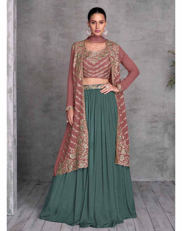 Brown Embroidered Top Skirt Set