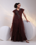 Brown Flared Jumpsuit with Structured Organza Jacket & 3D Floral Applique Detailing