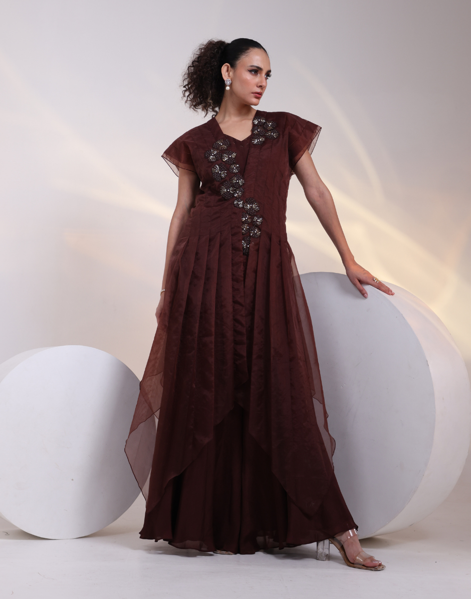 Brown Flared Jumpsuit with Structured Organza Jacket & 3D Floral Applique Detailing