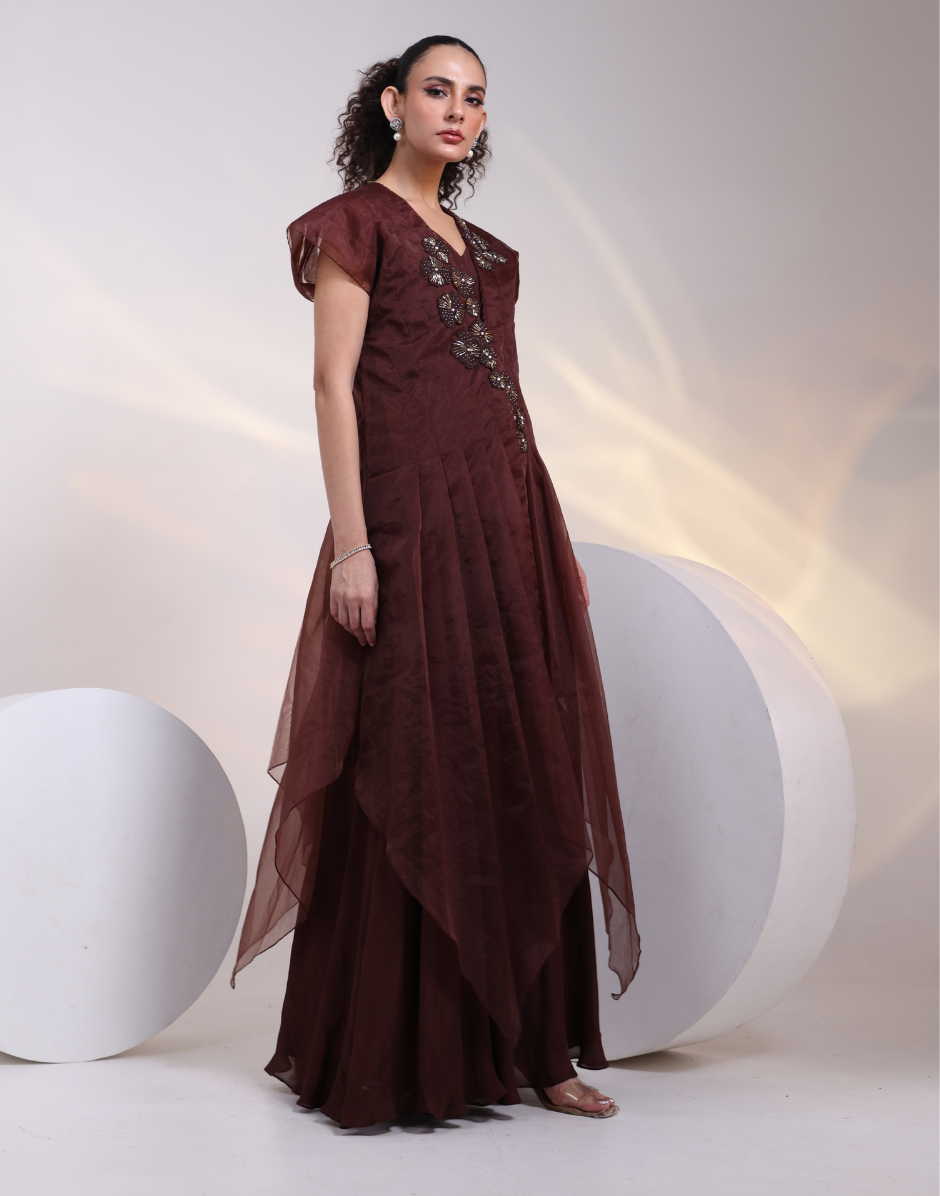 Brown Flared Jumpsuit with Structured Organza Jacket & 3D Floral Applique Detailing_1