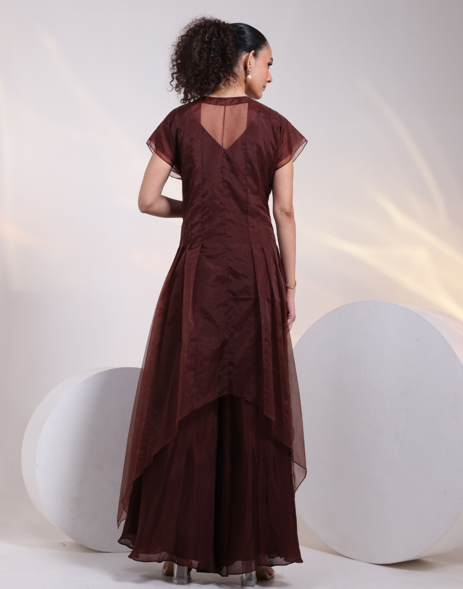 Brown Flared Jumpsuit with Structured Organza Jacket & 3D Floral Applique Detailing_2