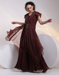 Brown Flared Jumpsuit with Structured Organza Jacket & 3D Floral Applique Detailing_3