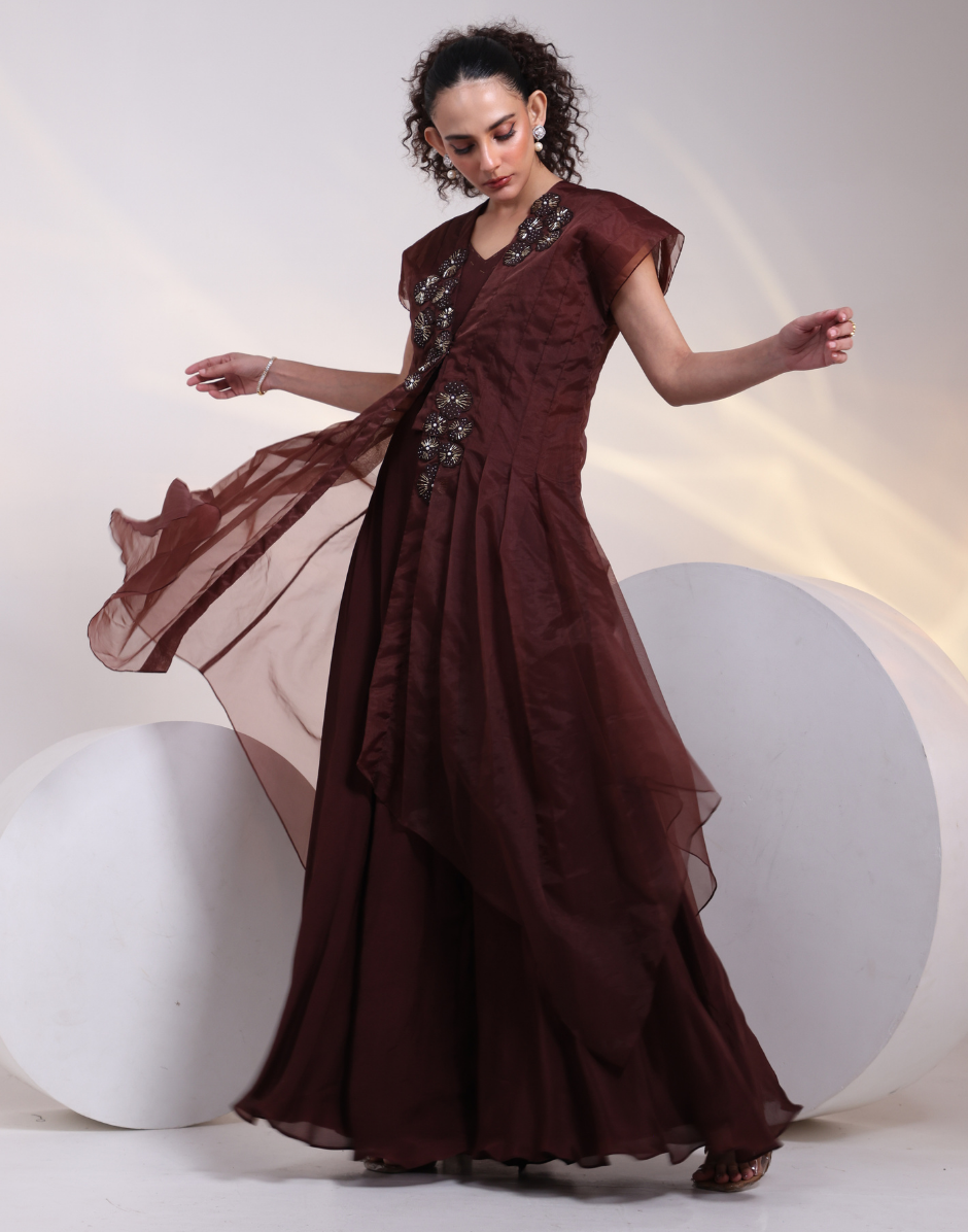 Brown Flared Jumpsuit with Structured Organza Jacket & 3D Floral Applique Detailing_3
