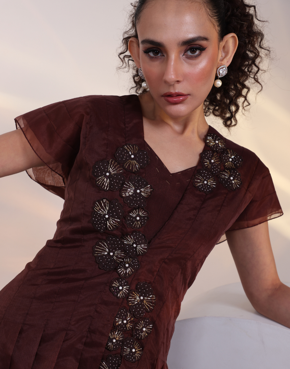 Brown Flared Jumpsuit with Structured Organza Jacket & 3D Floral Applique Detailing Brown / XL / 10 Days Brown Flared Jumpsuit with Structured Organza Jacket & 3D Floral Applique Detailing Brown / XL / 10 Days