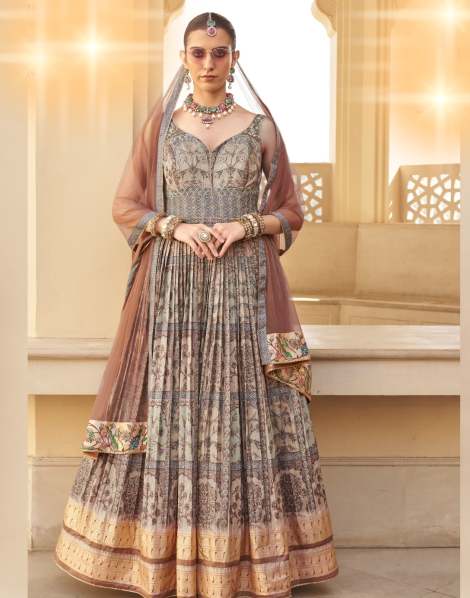 Brown Floor-Length Printed Gown with Dupatta Perfect Blend of Tradition & Style
