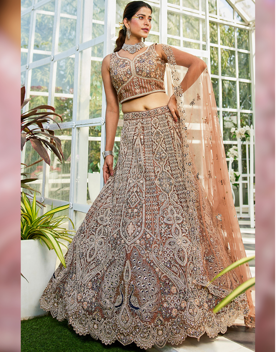 Brown Net Lehenga Choli with Beads & Zarkan Embroidery and Dupatta Stunning Bridal & Party Wear