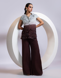 Brown Three-Piece Co-ord Set with Grey Cowl Top, Flared Pants & Ivory-to-Chocolate Ombré Embroidered Jacket