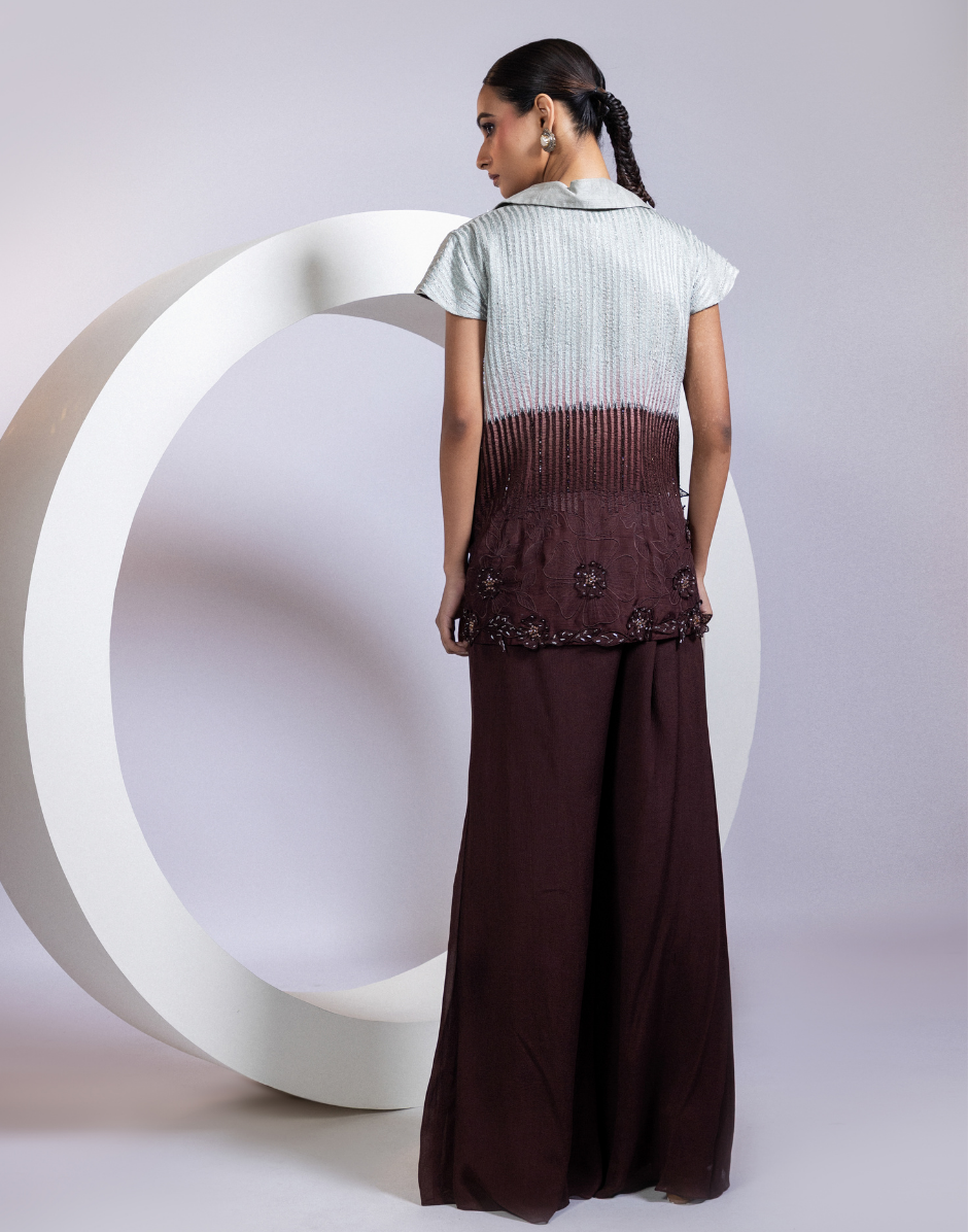 Brown Three-Piece Co-ord Set with Grey Cowl Top, Flared Pants & Ivory-to-Chocolate Ombré Embroidered Jacket