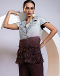 Brown Three-Piece Co-ord Set with Grey Cowl Top, Flared Pants & Ivory-to-Chocolate Ombré Embroidered Jacket_2