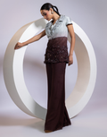 Brown Three-Piece Co-ord Set with Grey Cowl Top, Flared Pants & Ivory-to-Chocolate Ombré Embroidered Jacket_3
