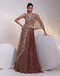 Brown Three-Piece Set with Embellished Bustier Bead-Scattered Detailing & Pleated Skirt