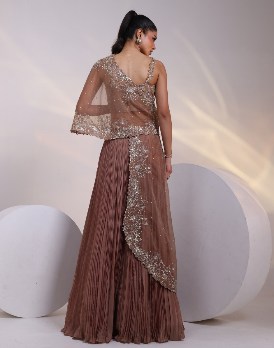 Brown Three-Piece Set with Embellished Bustier Bead-Scattered Detailing & Pleated Skirt_1