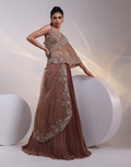 Brown Three-Piece Set with Embellished Bustier Bead-Scattered Detailing & Pleated Skirt_2